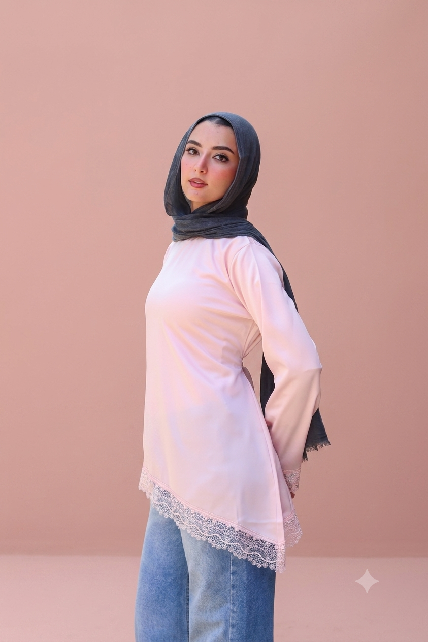 Satin Blouse with Guipure Details in Pink