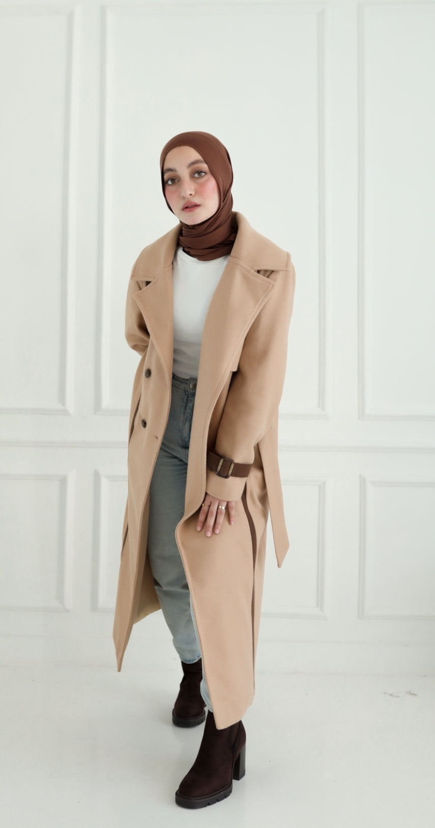 Winter Coat in Beige with leather details