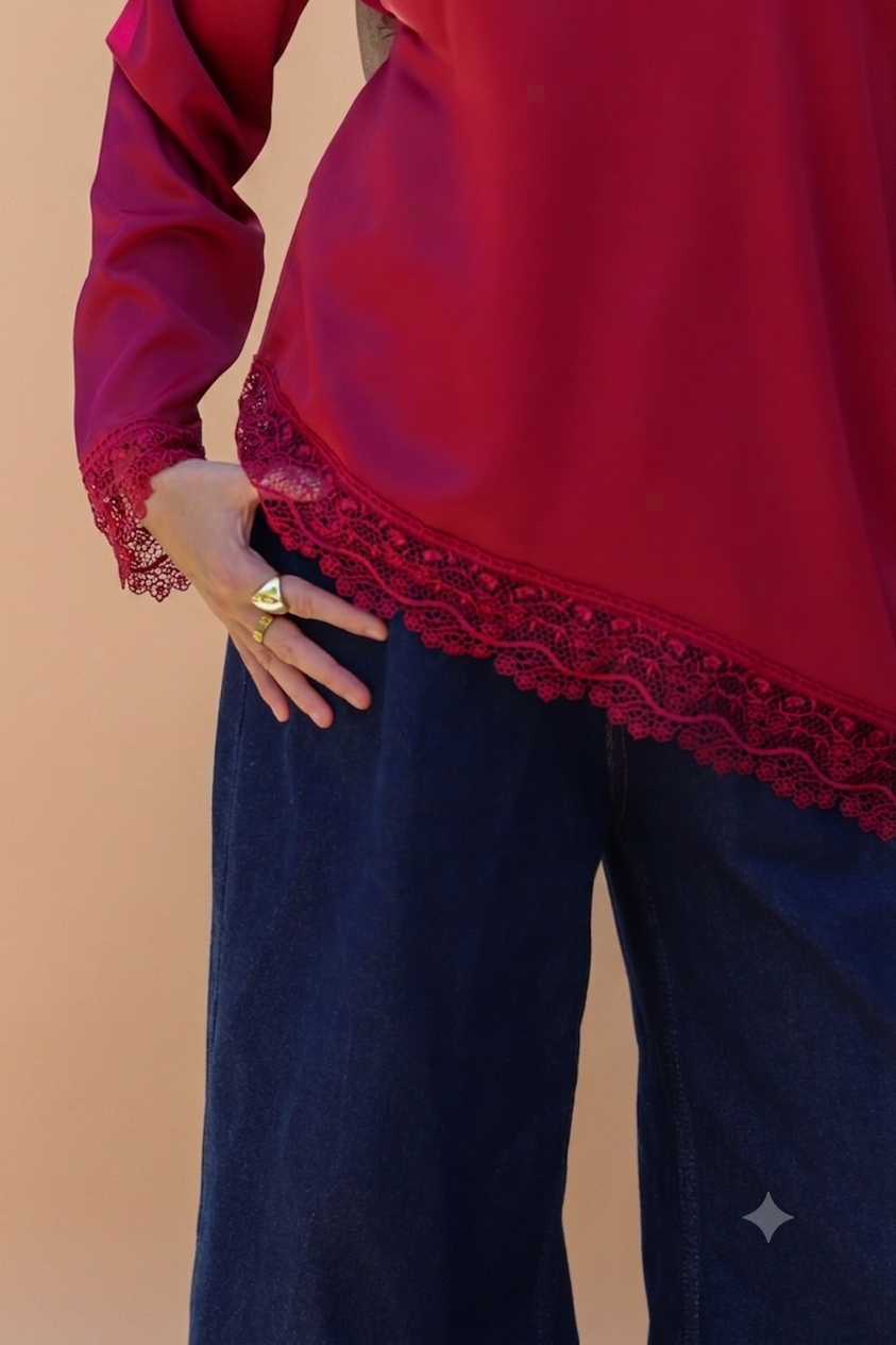 Satin Blouse with Guipure Details in Burgundy