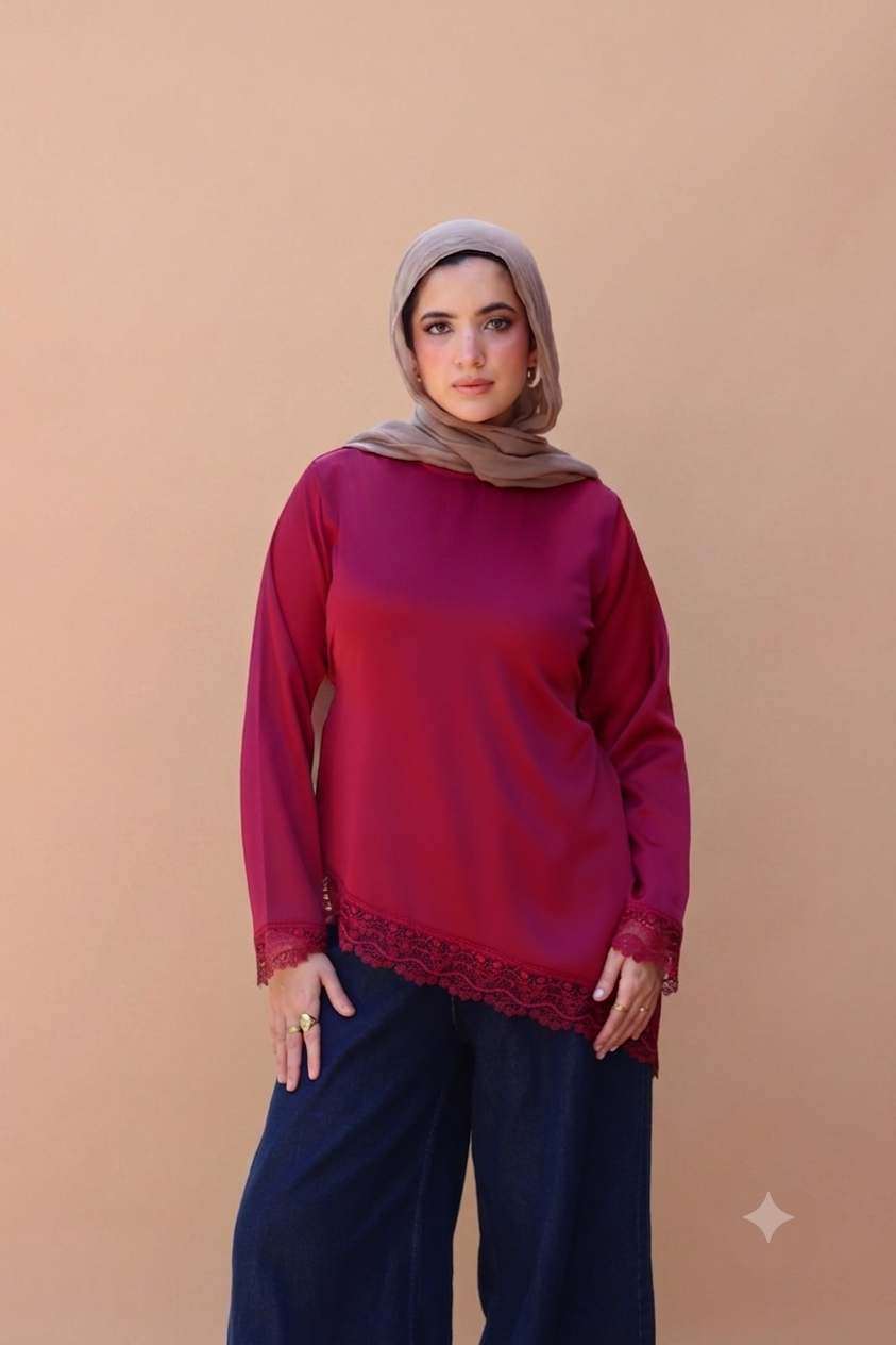 Satin Blouse with Guipure Details in Burgundy