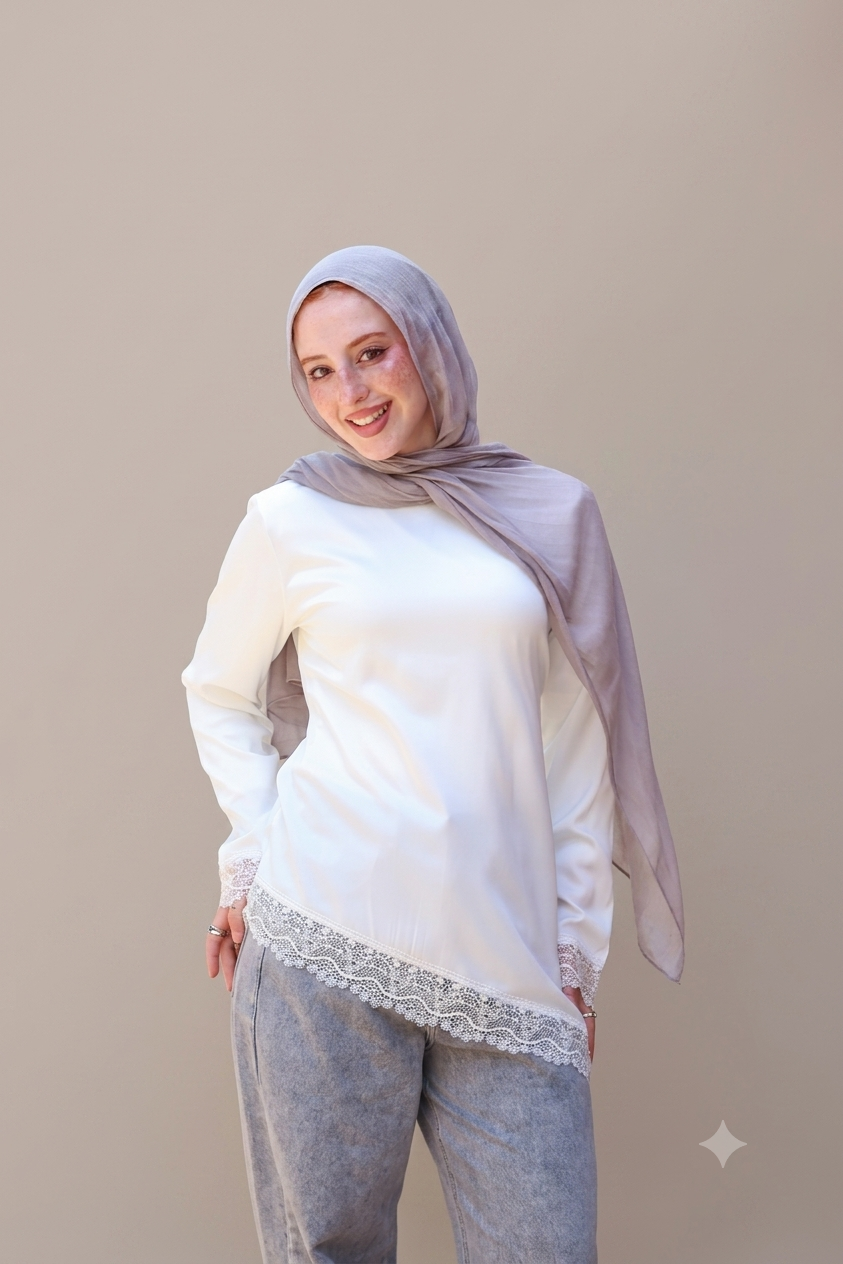 Satin Blouse with Guipure Details in White