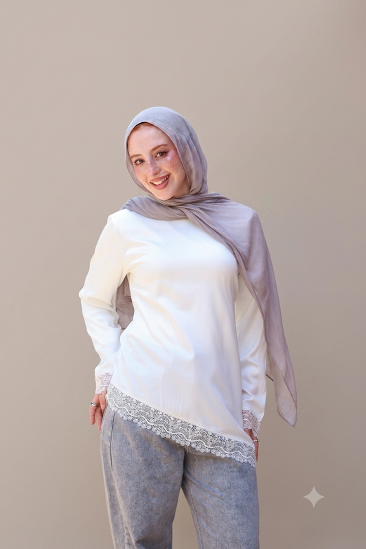 Satin Blouse with Guipure Details in White