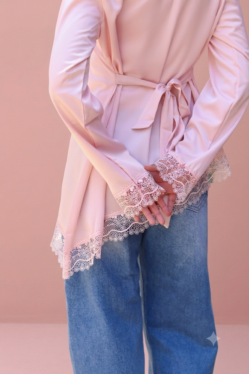 Satin Blouse with Guipure Details in Pink