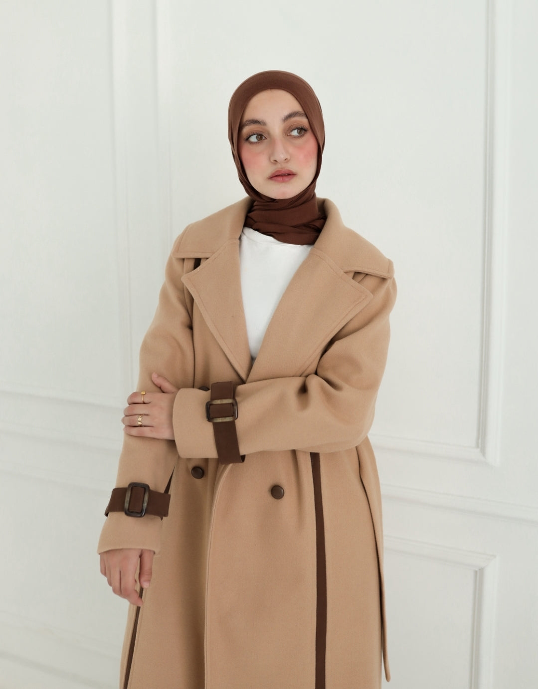 Winter Coat in Beige with leather details