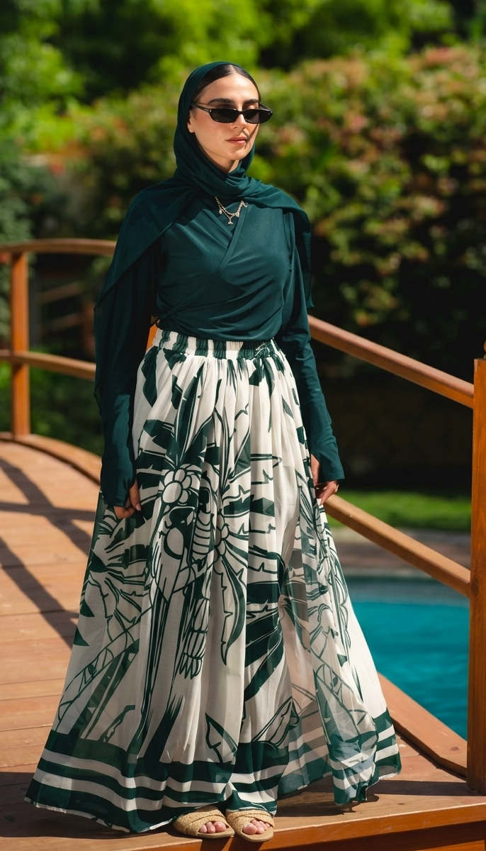 Ozel Burkini in Green (with head cover + Chiffon skirt)