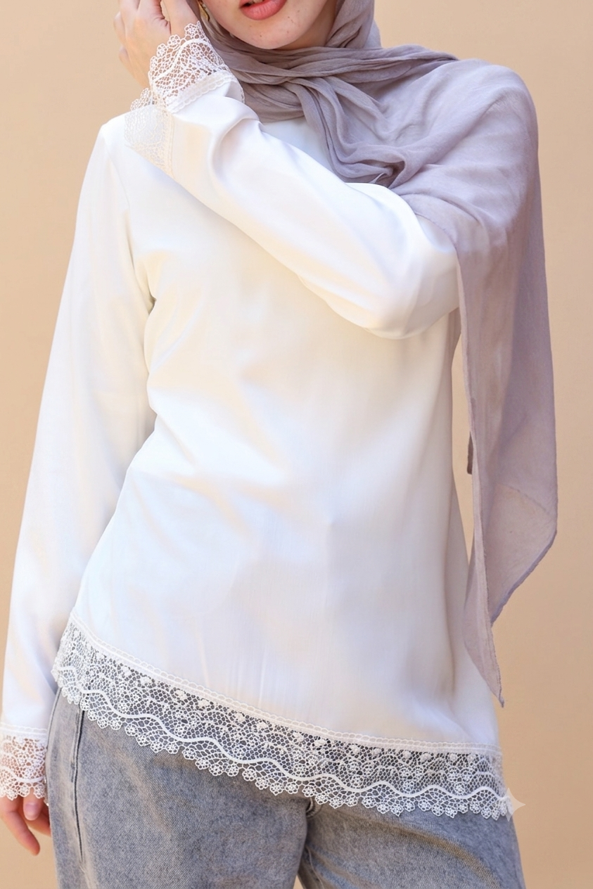 Satin Blouse with Guipure Details in White